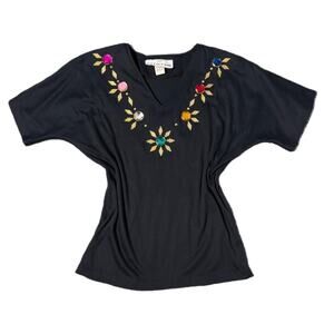 Vintage 80s Fettucini black top w/ colorful beaded flower design (l)